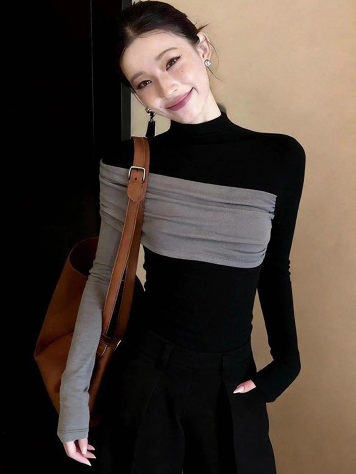 

Женский шелковый топ с высоким воротником, приталенный, с длинным рукавом, в стиле колор-блок, универсальный базовый топ в корейском стиле, для повседневной носки, весна 2026