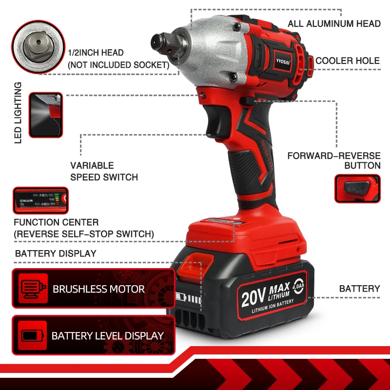 VVOSAI 20V Cordless Brushless Electric Wrench Impact Wrench Socket Wrench 320N.m Li-ion Battery Hand Drill Installation