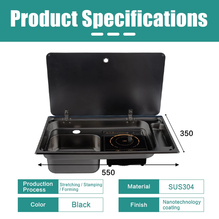 JDA Wholesale Black Coated SS304 Stainless Steel Caravans Yachts Campers RV Sink & Induction Cooker Combo