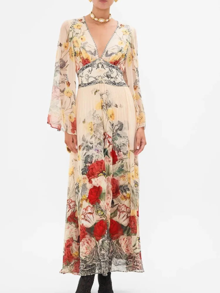 

Women's 100% Silk Maxi Dress Floral Printed Beaded V-Neck Long Sleeve Vintage Robe