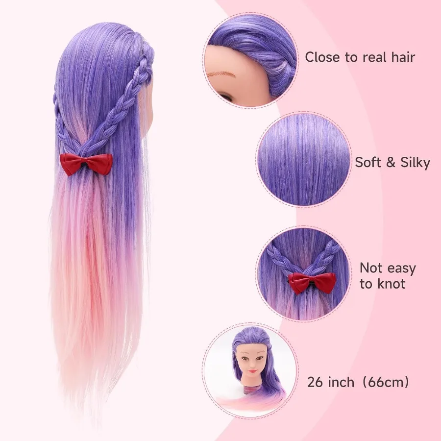 رأس عارضة أزياء لتصفيف الشعر المستقيم مقاس 26 بوصة لتدريب مستحضرات التجميل في تصفيف الشعر والتضفير تتضمن حامل مشابك و Pra