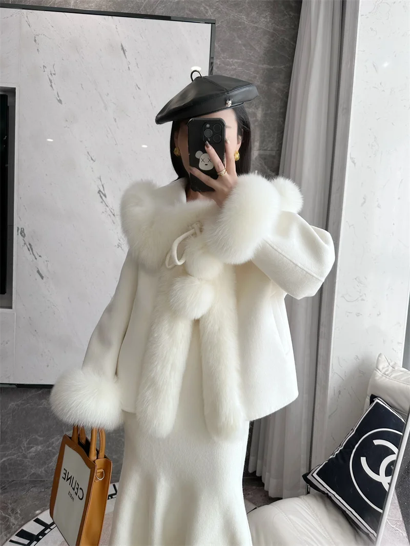 Winter Solid Fox Fur Collar Poncho Coat Luxury Warm Women Cashmere Jacket Cute Thick Female Lace up Parkas Wollen Overcoat Chic