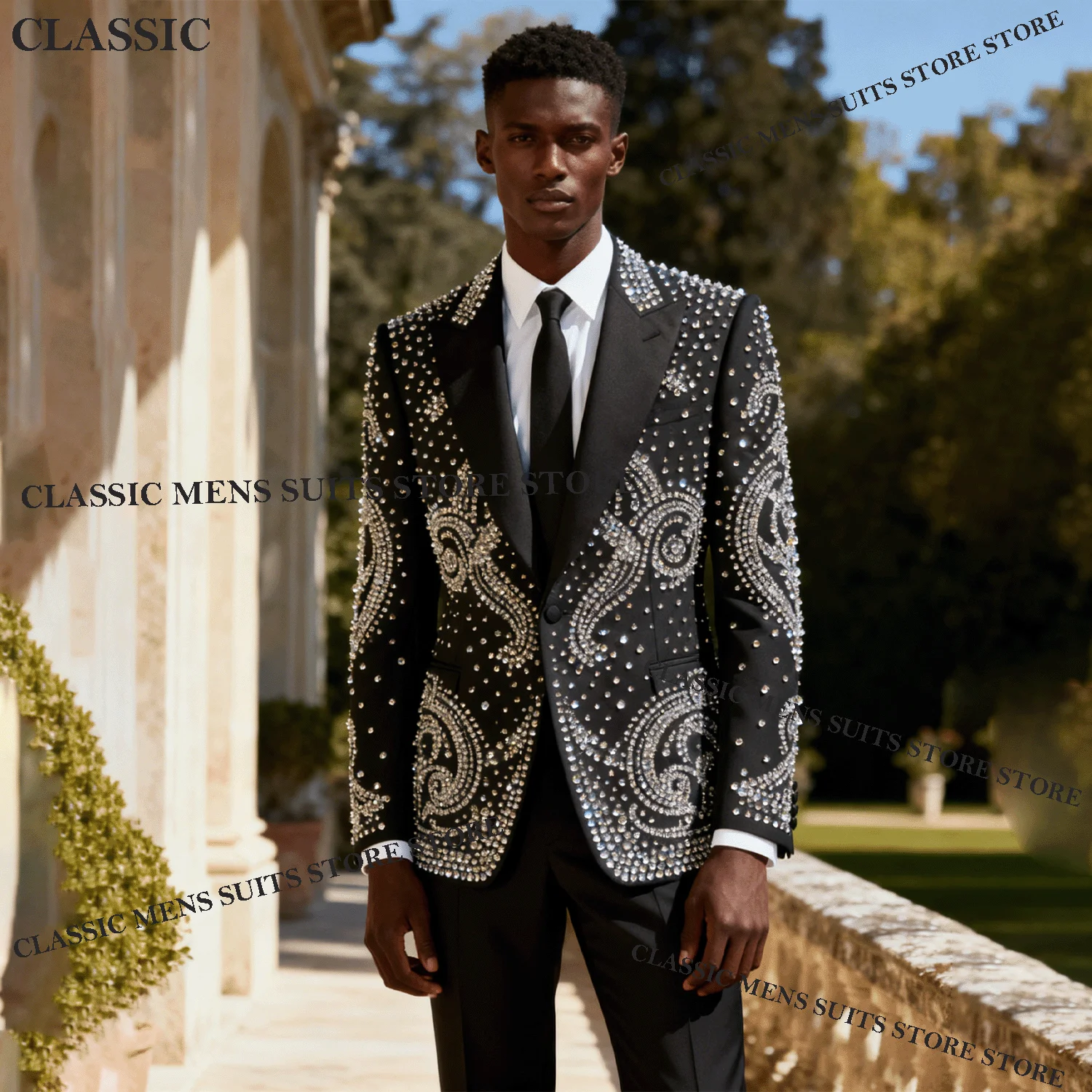

Блестящее пальто, стильный мужской костюм, комплект из 2 предметов, мужской пиджак для жениха, стразы, бисер, остроконечный лацкан, Ropa hombre, свадебный смокинг по индивидуальному заказу