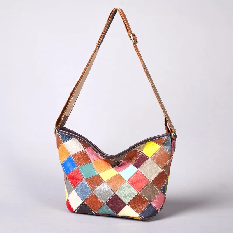 Vintage Everyday Shoulder Bag for Women Genuine Leather Large Capacity Handmade Color Block Luxury Handbag Portable