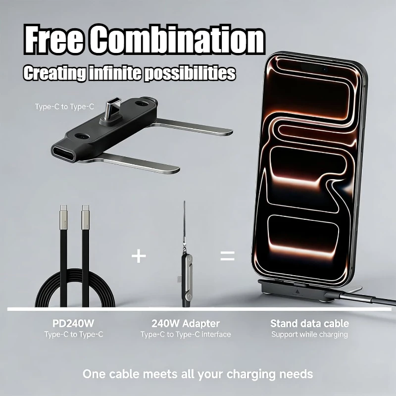 Cabo de Carregamento Rápido USB-C para Tipo C Trançado 2 em 1 240W com Suporte Dobrável para Celular e Carregador em Formato T para iPhone 17 16 Samsung