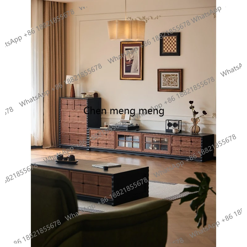 

Medieval style solid wood TVcabinet coffee table combination small apartment living room against the wall household French floor