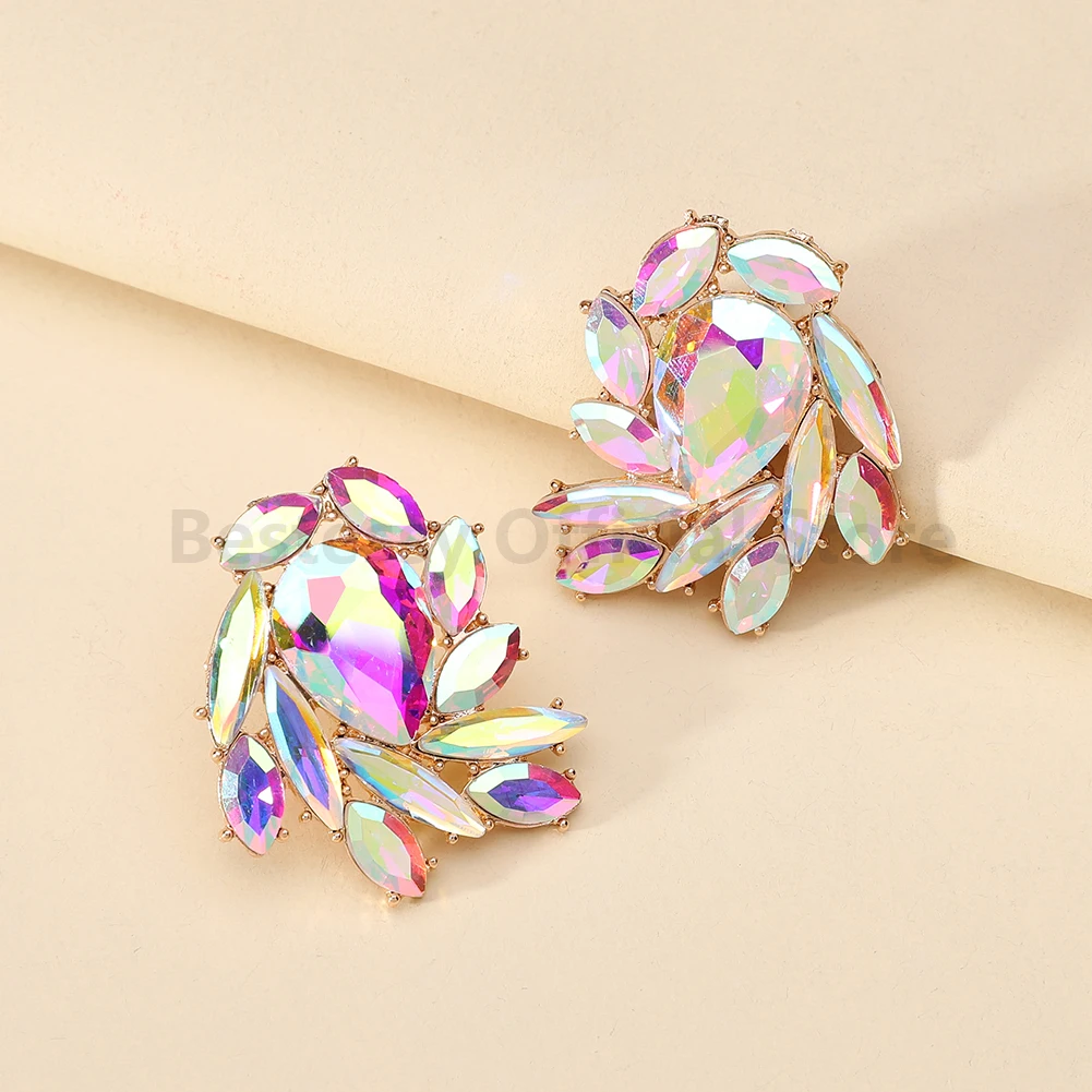 New Luxury Geometric Colorful Glass Big Stud Earrings For Women Fashion Party Dances Vintage Jewelry Statement Accessories Gift