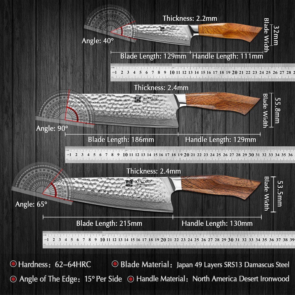 XINZUO 3PCS Kitchen Knives Set North American Desert Ironwood Handle Japan 49 Layers SRS13/R2/SG2 Damascus Steel High End Knife