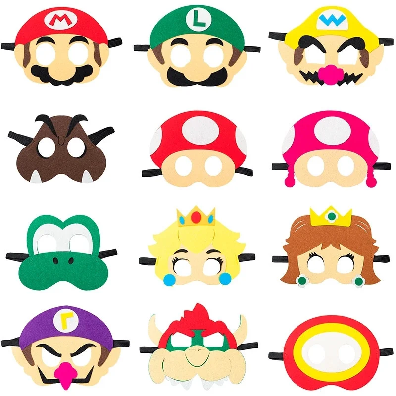 12pcs Super Mario Bros Party Felt Masks Cartoon Kids Birthday Party Decoration Cosplay Costumes Prop Baby Shower Decor Supplies