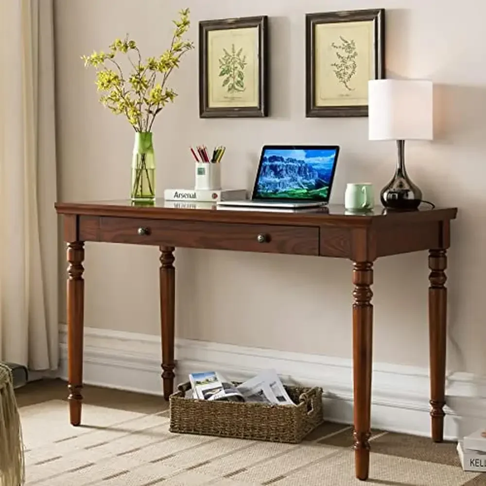 Farmhouse Oak Turned Leg Laptop Desk with Center Drawer Solid Hardwoods and Oak Veneers Ball-Bearing Drawer Guides Drop Down