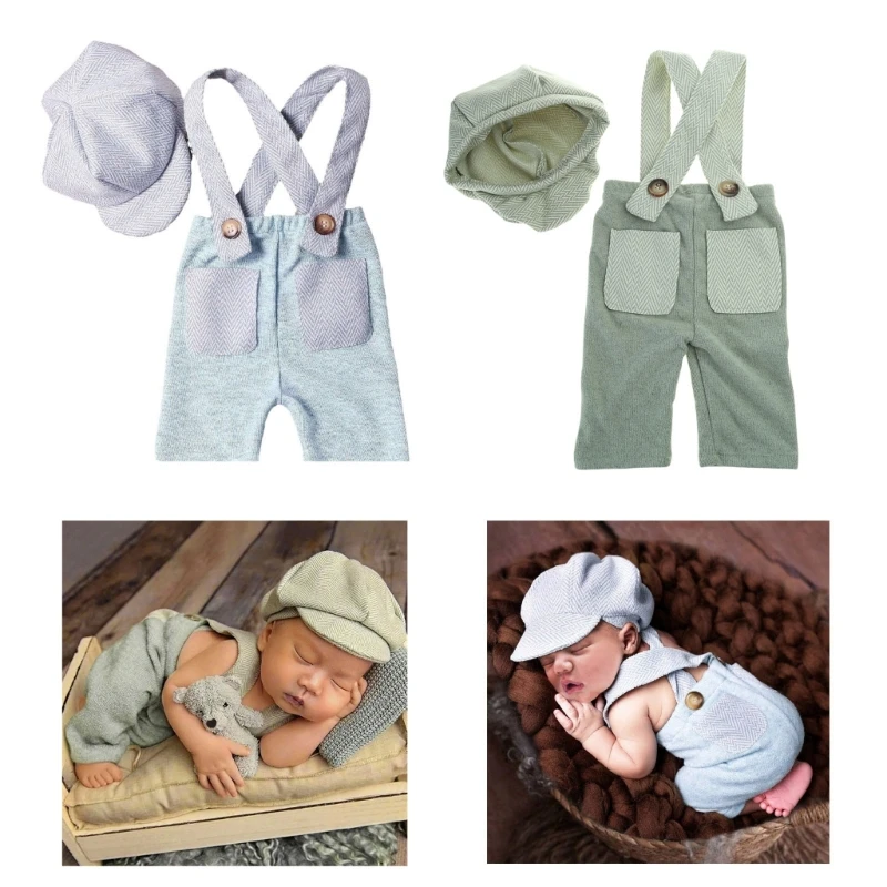 Baby Photography Props Romper and Curved Brim Hat Outfit Photo Clothes QX2D