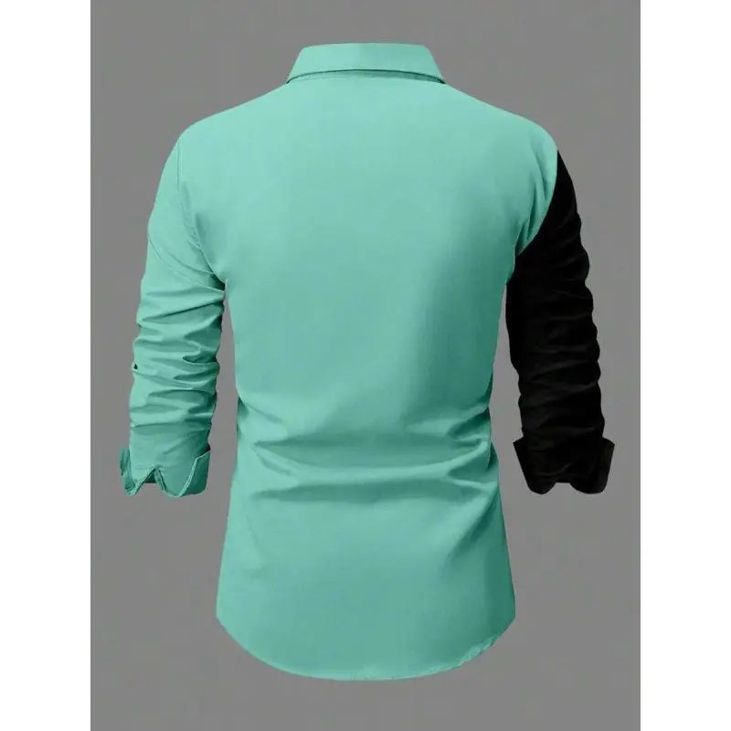Colorblock Print Shirt Men's Ultra Slim Fit Shirt Contrast Color PU Leather Fleece Lined Cuban Collar Three-quarter Sleeve