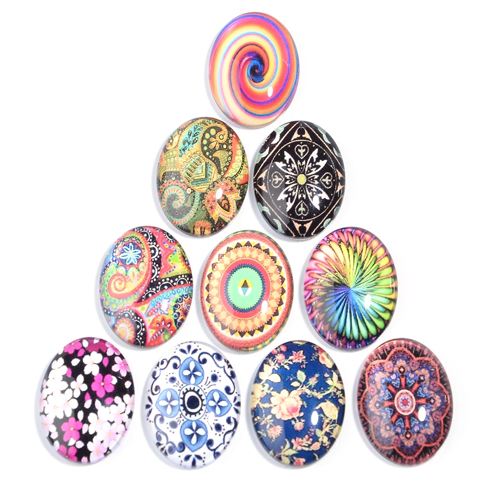 10pcs Ethnic Style Pattern Oval Glass Cabochon Cameo For Jewelry Making Blank Ring Bangles Pendants Base Settings Bezel Tray