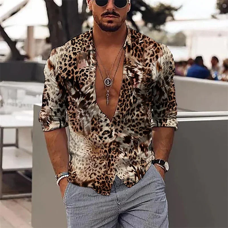 Leapord Print Men Long Sleeves Shirts For Men Clothing Harajuku Street Hip Hop Fashion Party T-shirt Womens Lapel Buttons Tops