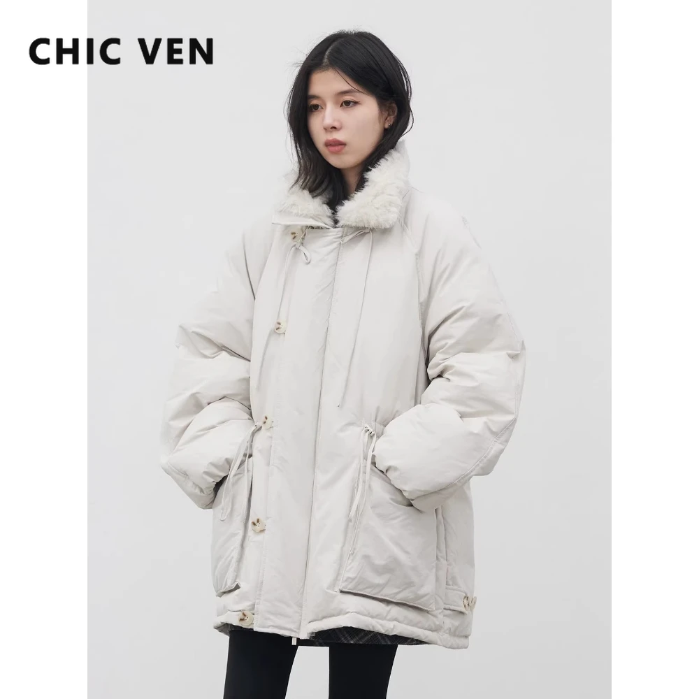 

CHIC VEN, новые женские пуховики средней длины, однотонные свободные повседневные новые женские теплые белые куртки на утином пуху, осень-зима 2026