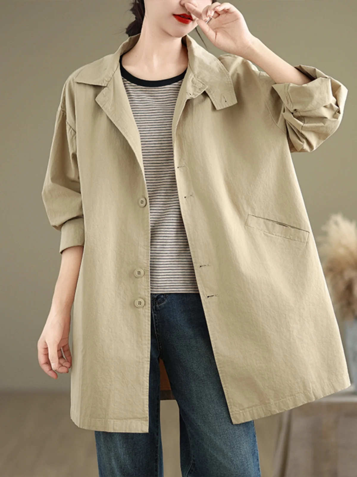 

plus Size Women's Casual Loose Long Coat Simple Sle Spring 2025 Korean Version Outerwear Slimming Effect Comfortable Fit