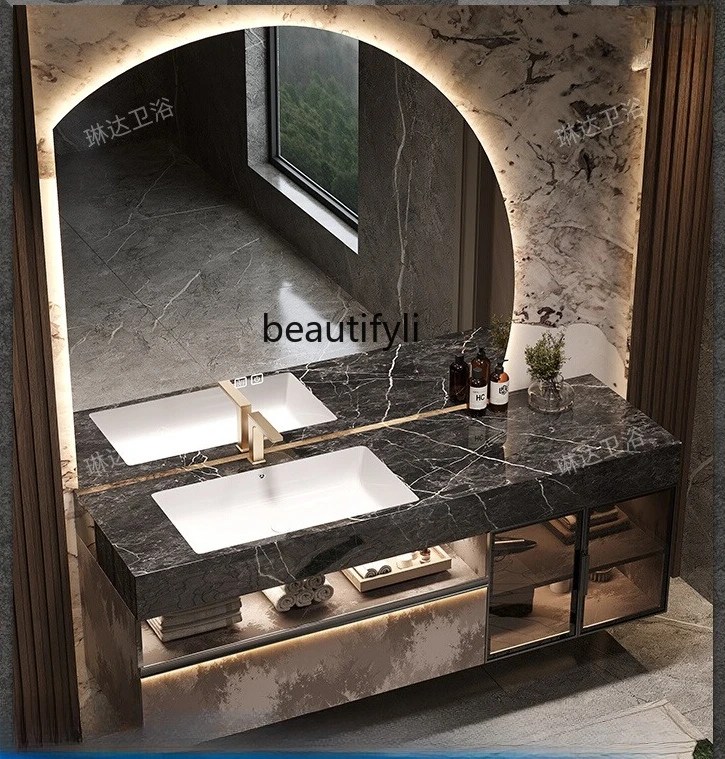 

Light luxury bathroom cabinet rock slab seamless ceramic basin combination intelligent washbasin