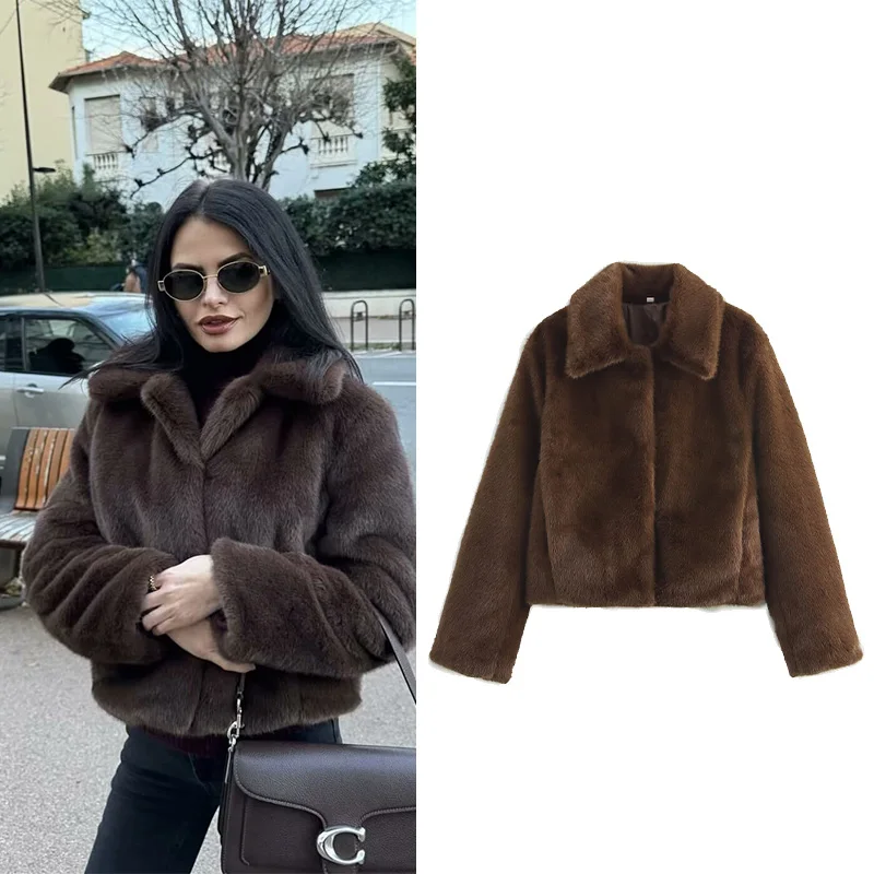 

HipSeam женское коричневое повседневное укороченное пальто из искусственного меха с боковыми карманами модное женское зимнее коричневое толстое теплое пальто с лацканами уличная одежда в стиле ретро