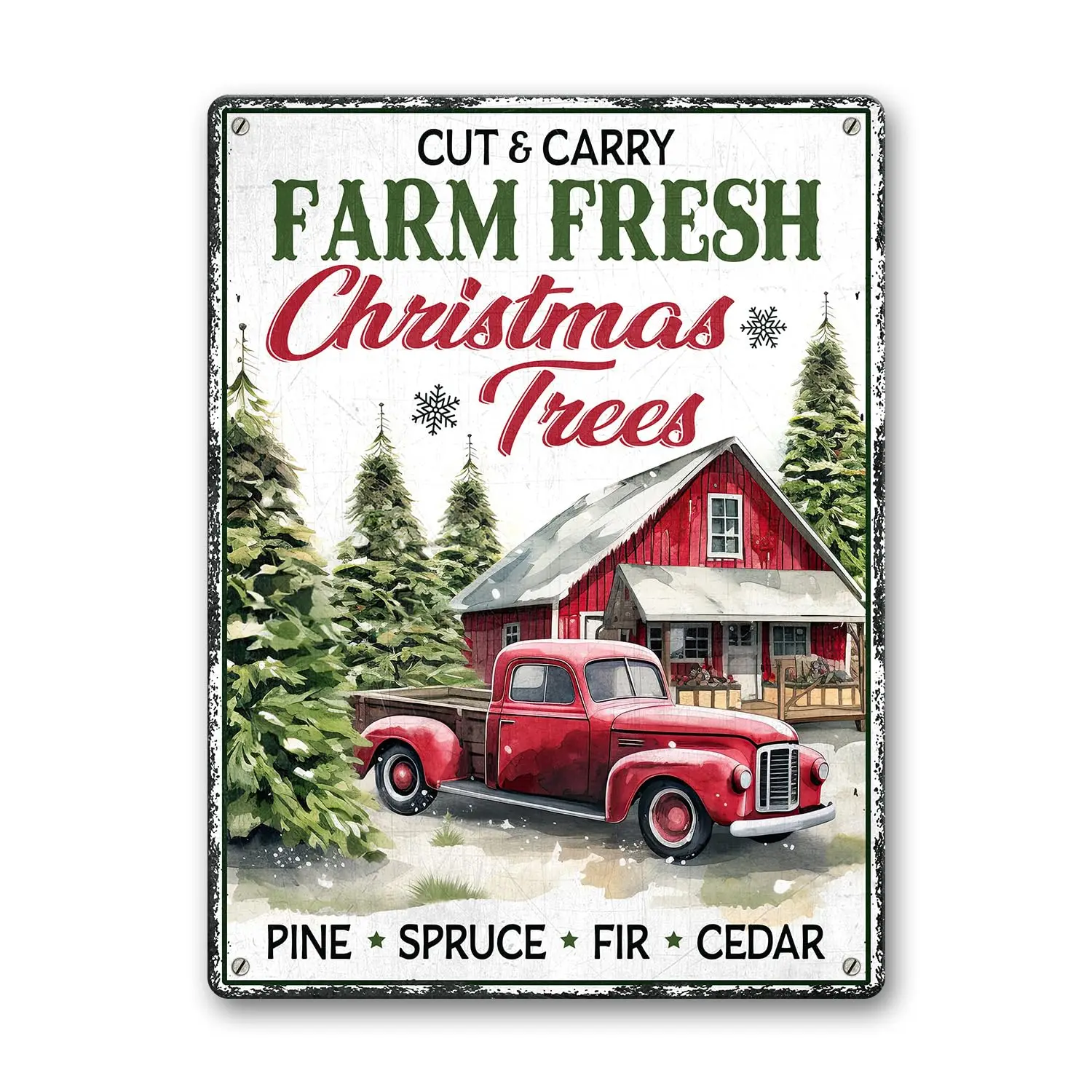 Artsy Woodsy Vintage Farm Fresh Christmas Trees Metal Sign, Farmhouse Christmas Tin Signs Decoration, Green Pine Forest Tree Far