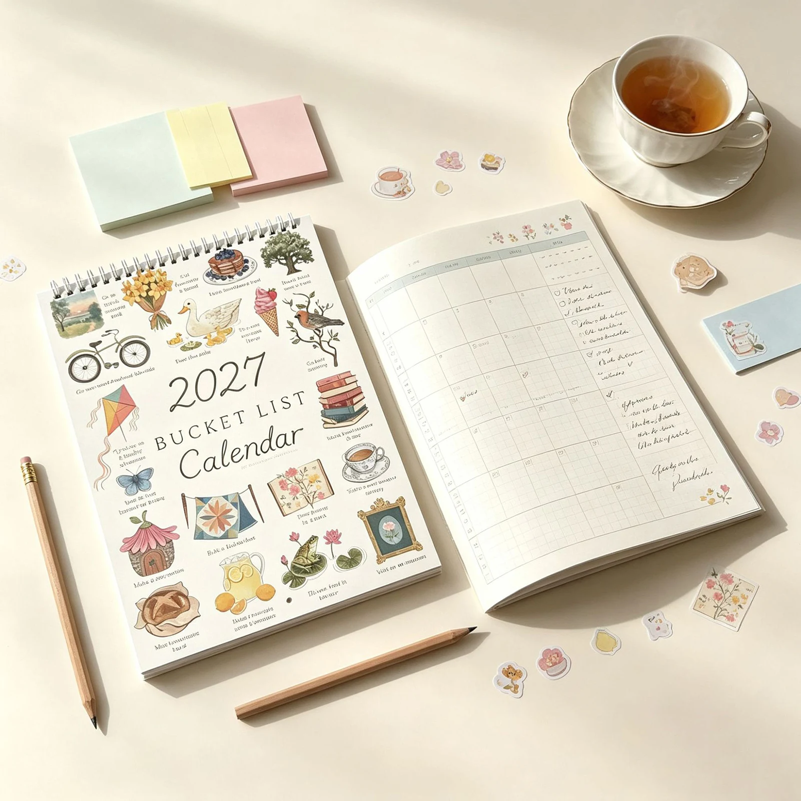 Office Planning Desk Calendar Watercolor Annual Goal Planner 2027 Coil Binding Wish List Organizer for Home Study Room Use