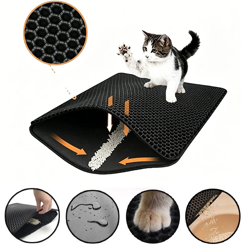 Tapis pour litière de chat, design à 2 couches, technologie de capture de sable de qualité supérieure, base imperméable, antidérapant, protection de sol pour animaux domestiques, pour chatons d'intérieur