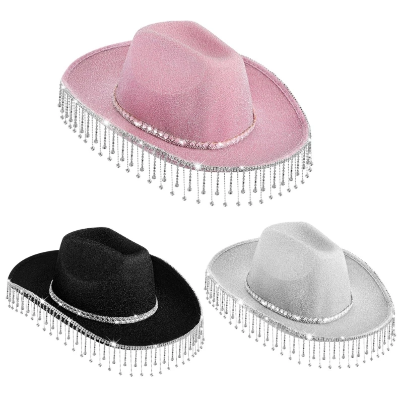 Shimmering Powder Tassels Cowboy Hat Adult Women Bridal Shower Cowgirl Cap Masquerade Balls Costume Headdress