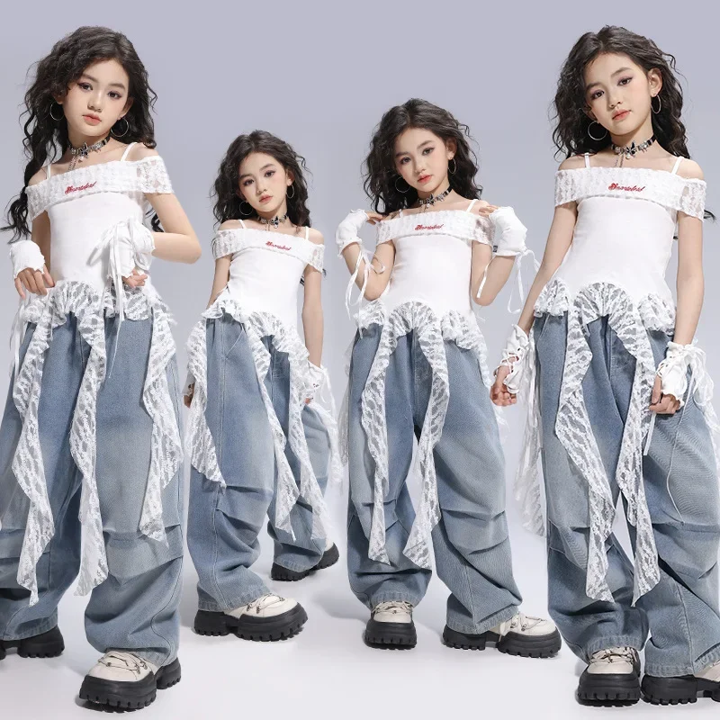 

Girl Jazz Dance Outfit New Off Shoulder White Top Loose Jeans Children Hip Hop Kpop Performance Costume Fashion Streetwear