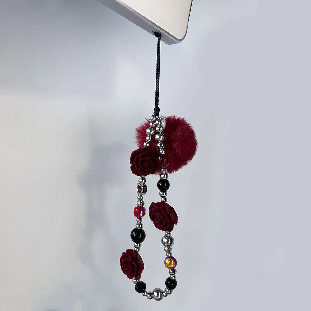 Wine Red Rose Flower Phone Charm Fur Ball Stainless Steel Beads Cellphone Strap Autumn Winter Wallet Camera Bag Decor Jewelry
