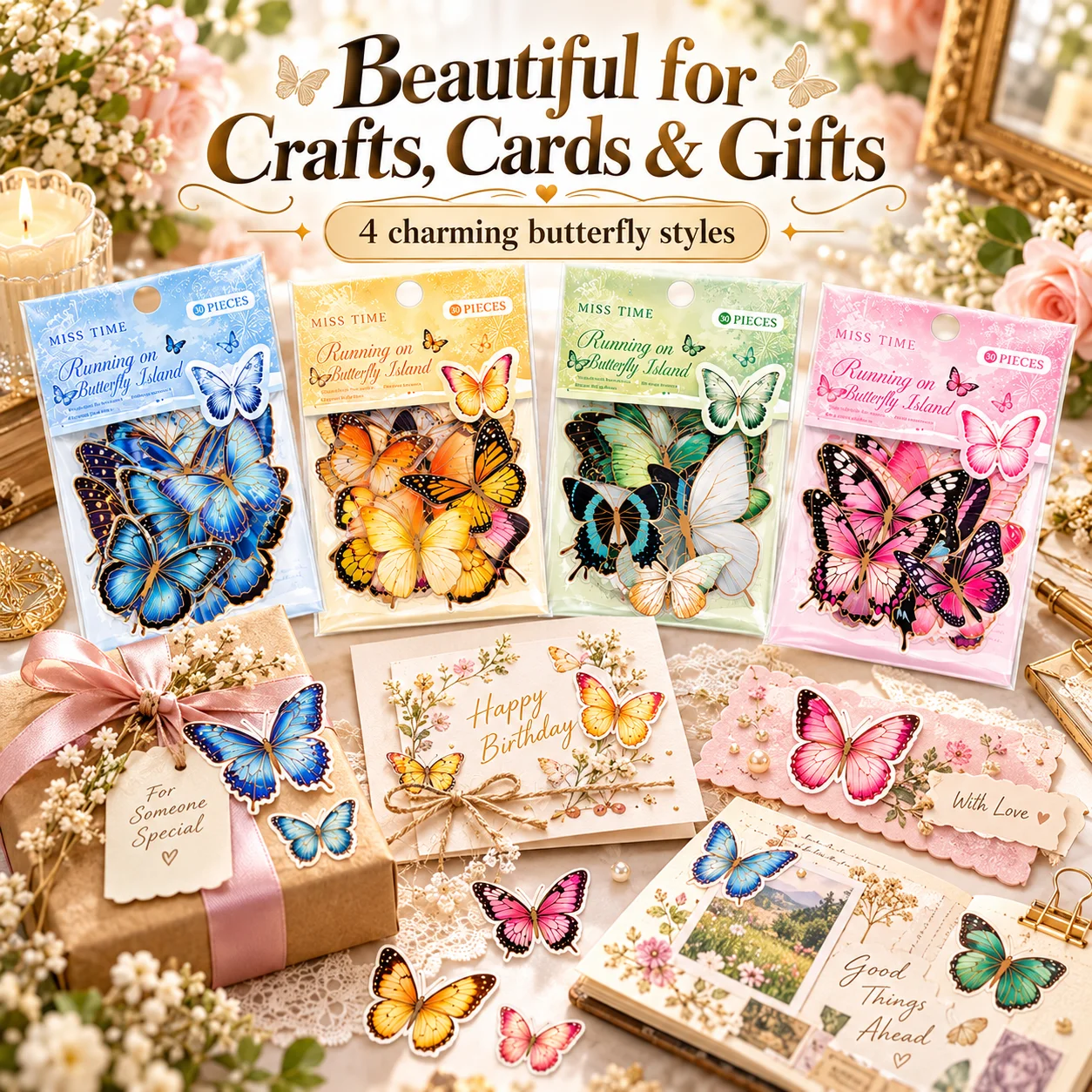 Vintage Gold Foil Butterfly Sticker Pack, PET Journal Decoration, Realistic Butterfly Stickers