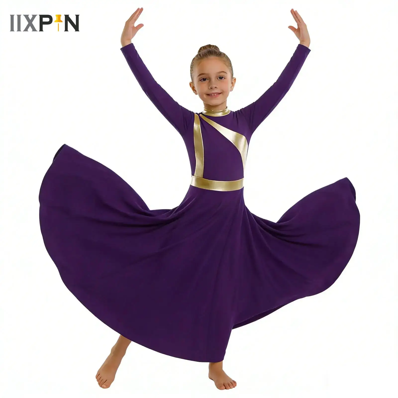 

Kids Girls Worship Praise Lyrical Dance Dress Church Choir Dancing Costume Long Sleeve Waltz Ballroom Gown Christian Robes