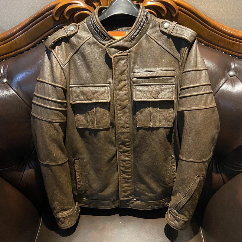 

2022 New Arrival Men Genuine Leather Jacket Cowhide Vintage Amekaji Motorcycle Clothing Hunting Wear Free Shipping