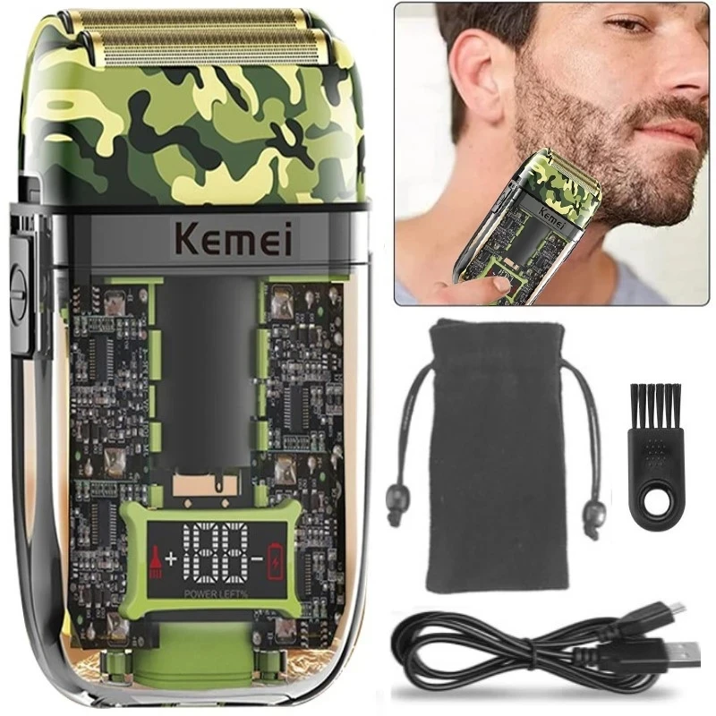 kemei km-TX7 Waterproof LCD Digital Display Razor USB Charging Camouflage Transparent Body Electric Shaver For Man