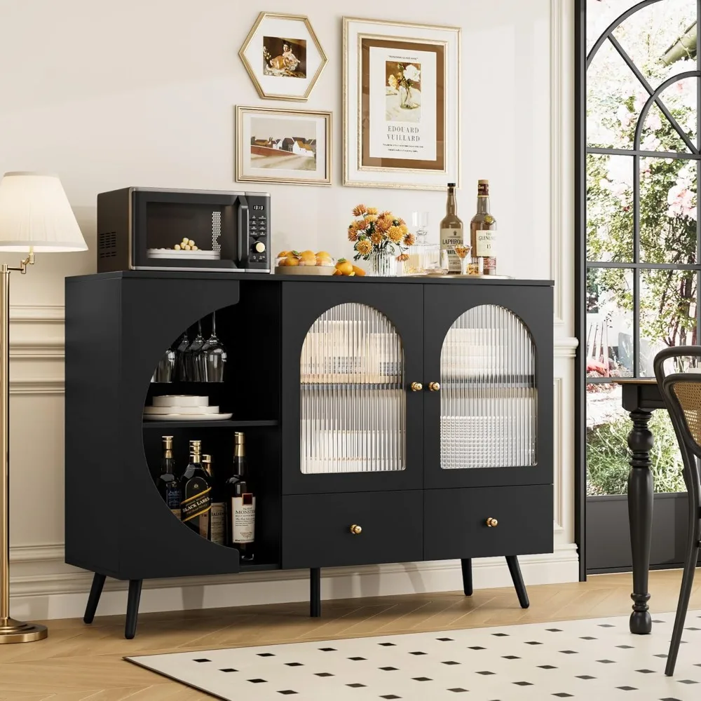 Coffee Bar Cabinet, Buffet Sideboard Cabinet with 2 Drawers and Fluted Glass Door, Wine Bar Cabinet for Kitchen, Dining Room