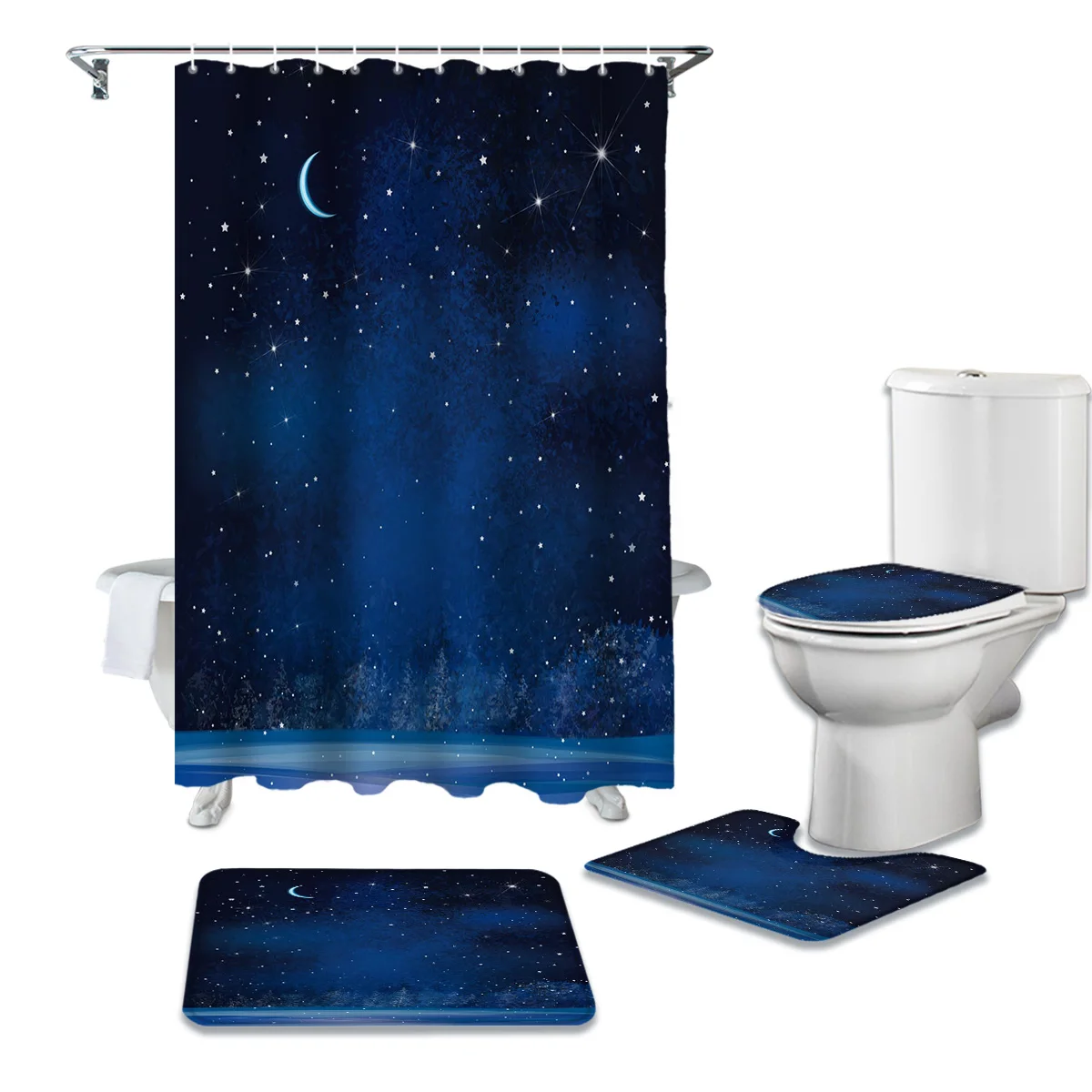 Starry Sky Moon Stars Beautiful Trees Shower Curtain Toilet Seat Cover Set Wc Accessories Mat Bathroom Decor Bath Curtains