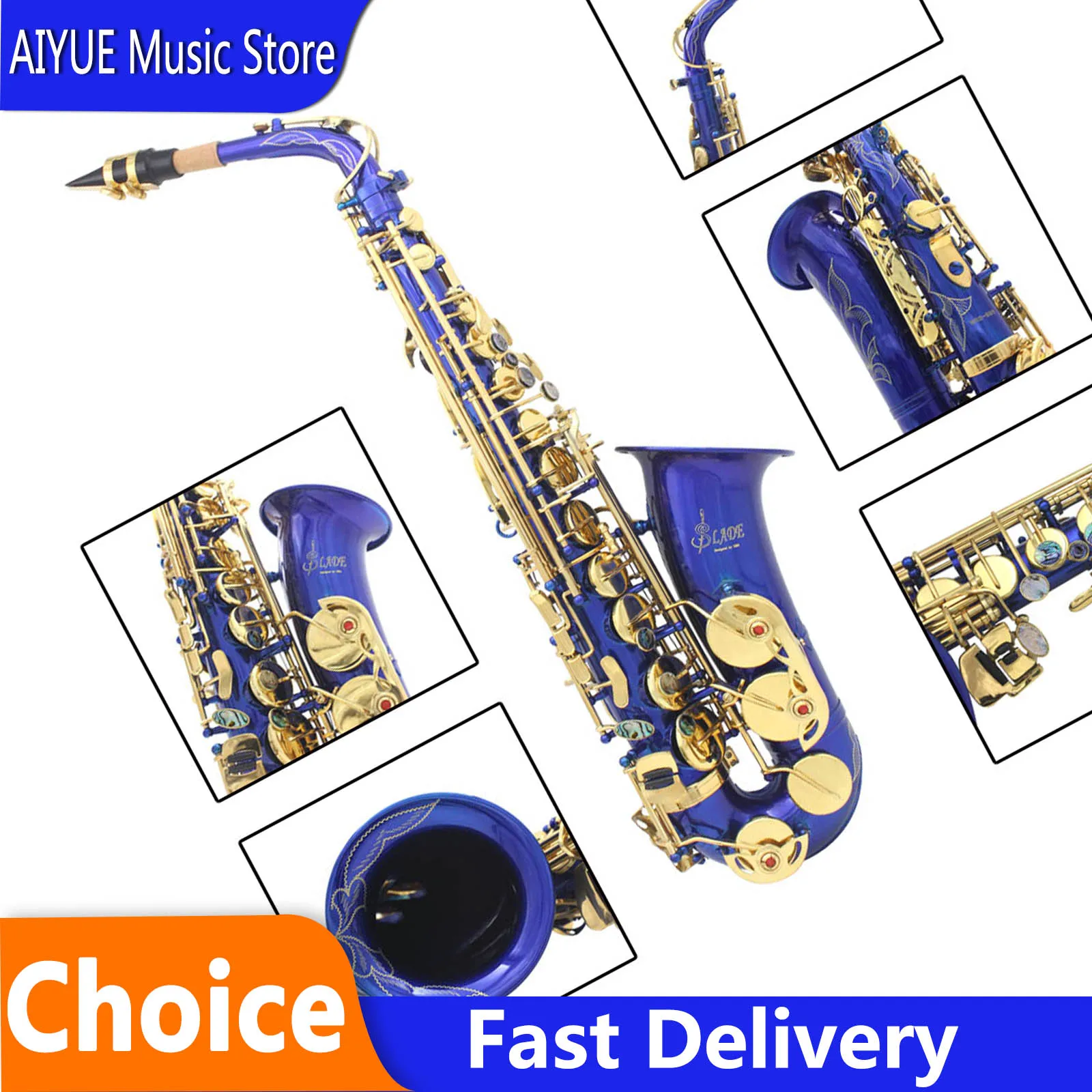 SLADE Alto Saxophone E-Flat Blue Complete Music Instrument For Beginners Includes Storage Box Cleaning Cloth Gloves Neck Strap