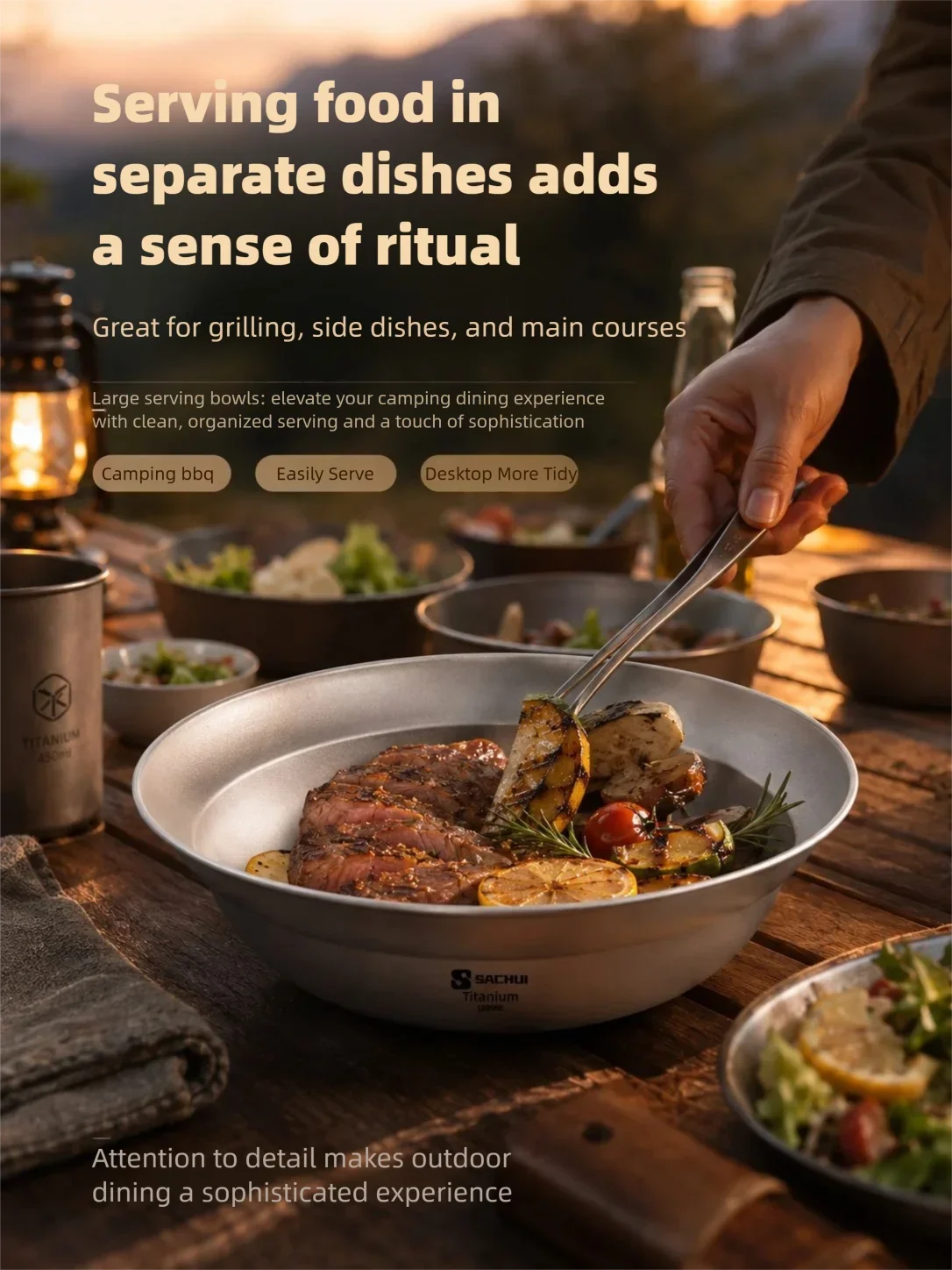 Reines Titan Camping-Geschirr: Große Schüssel, Teller, Besteck für Outdoor, Wandern, Reisen – Ultraleichte, tragbare Salatschalen und Lamian-Tischware – Detail 7