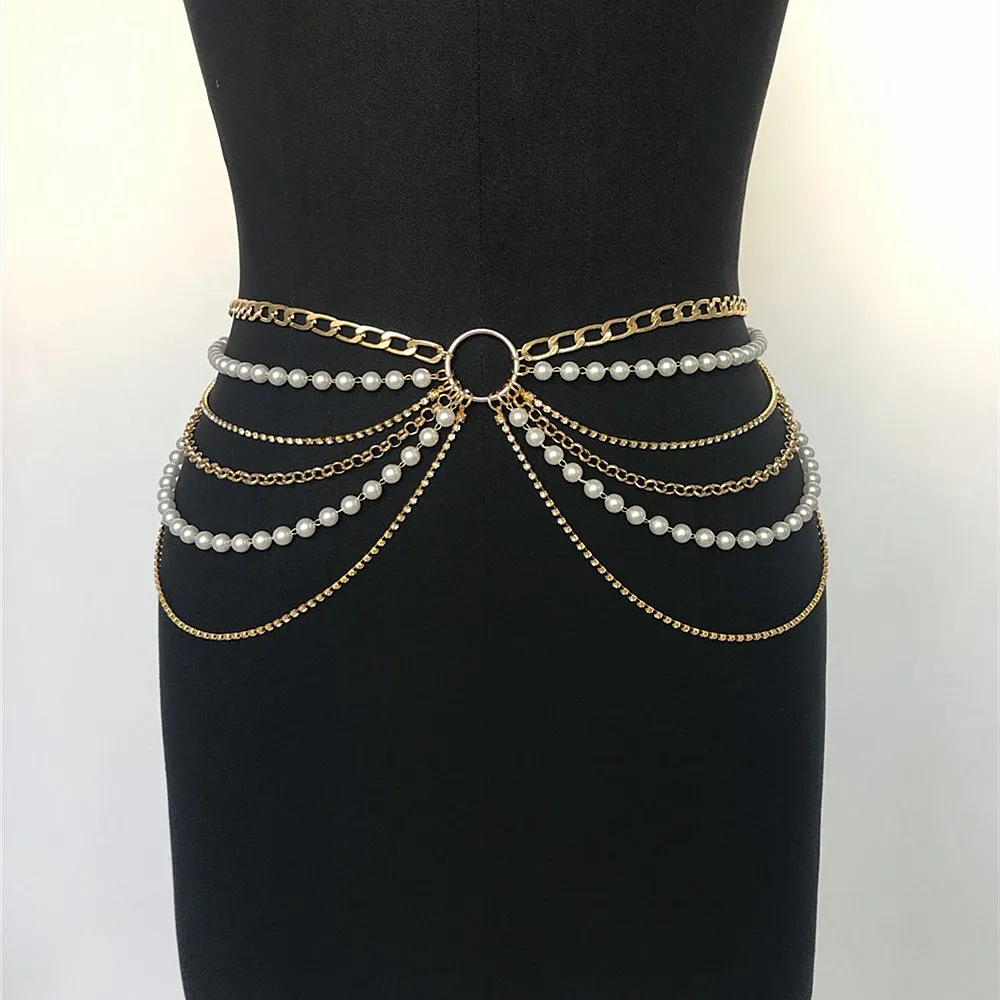 Women's Runway Fashion Pearl Metal Chain Cummerbunds Female Dress Corsets Waistband Belts Decoration Narrow Belt R976