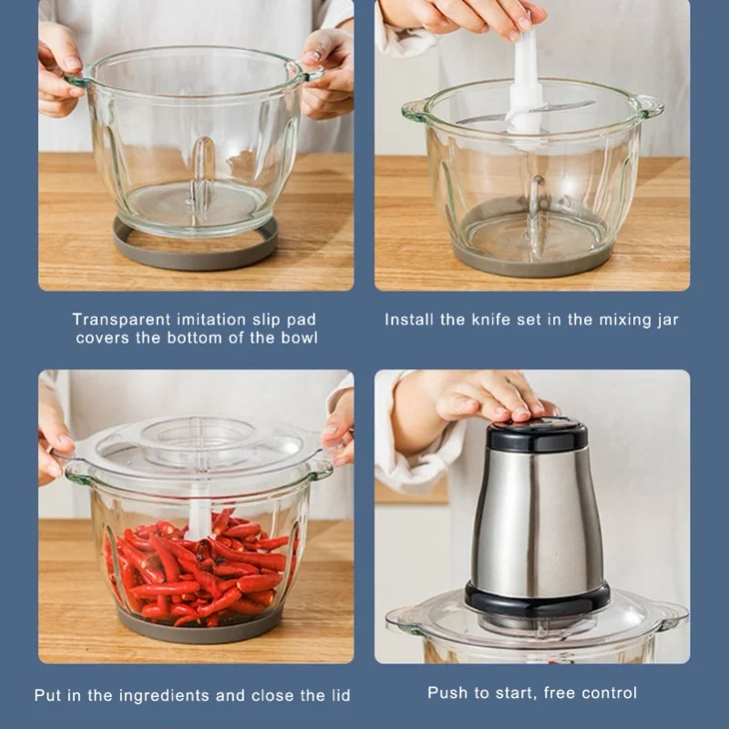 Multifunctional Meat Chopper Electric Stainless Steel Food Grinder With 2L Glass Bowl  Standard