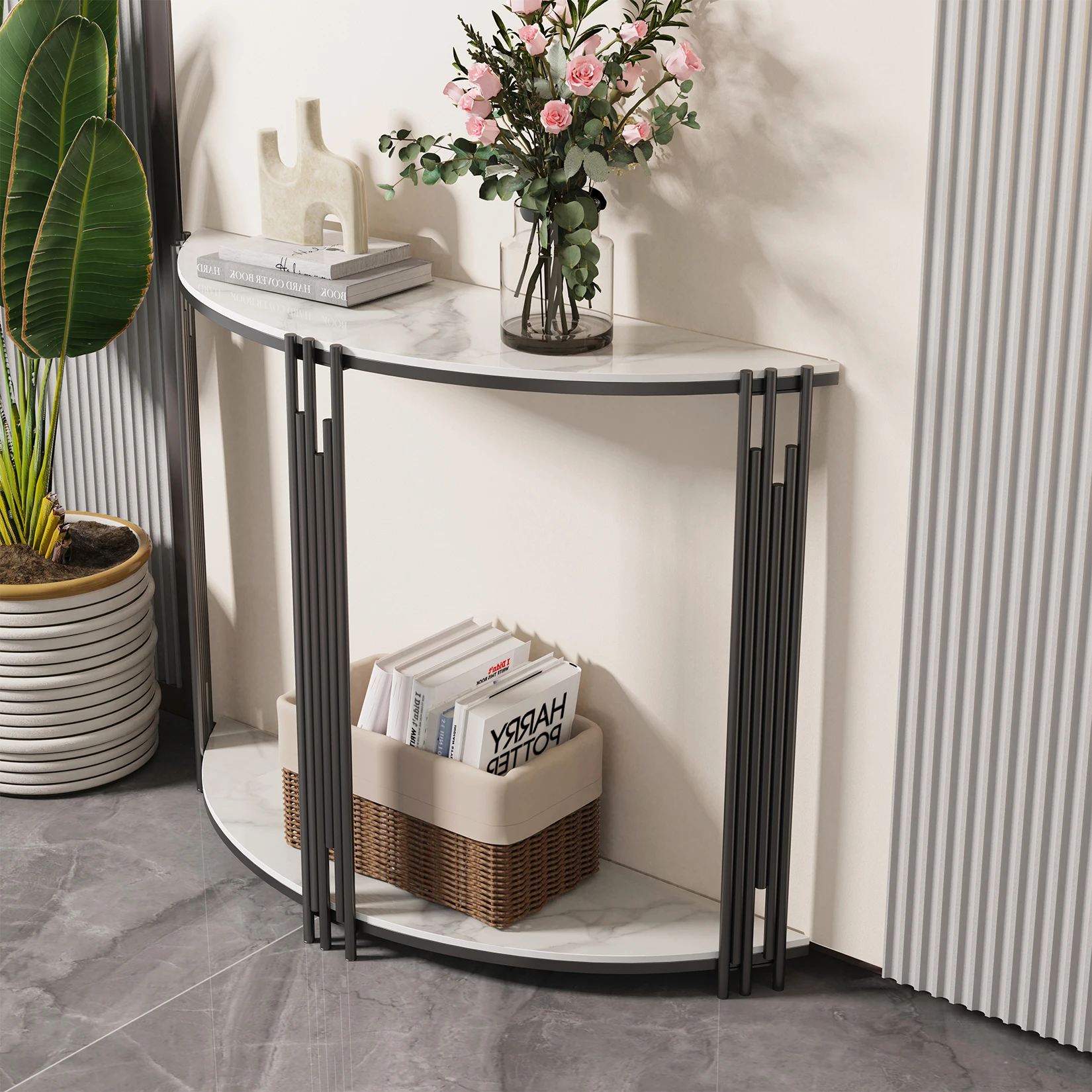 Half Moon Foyer Console Table with Open Shelf White Marble Top Black Metal Frame Couch Narrow Entryway Table