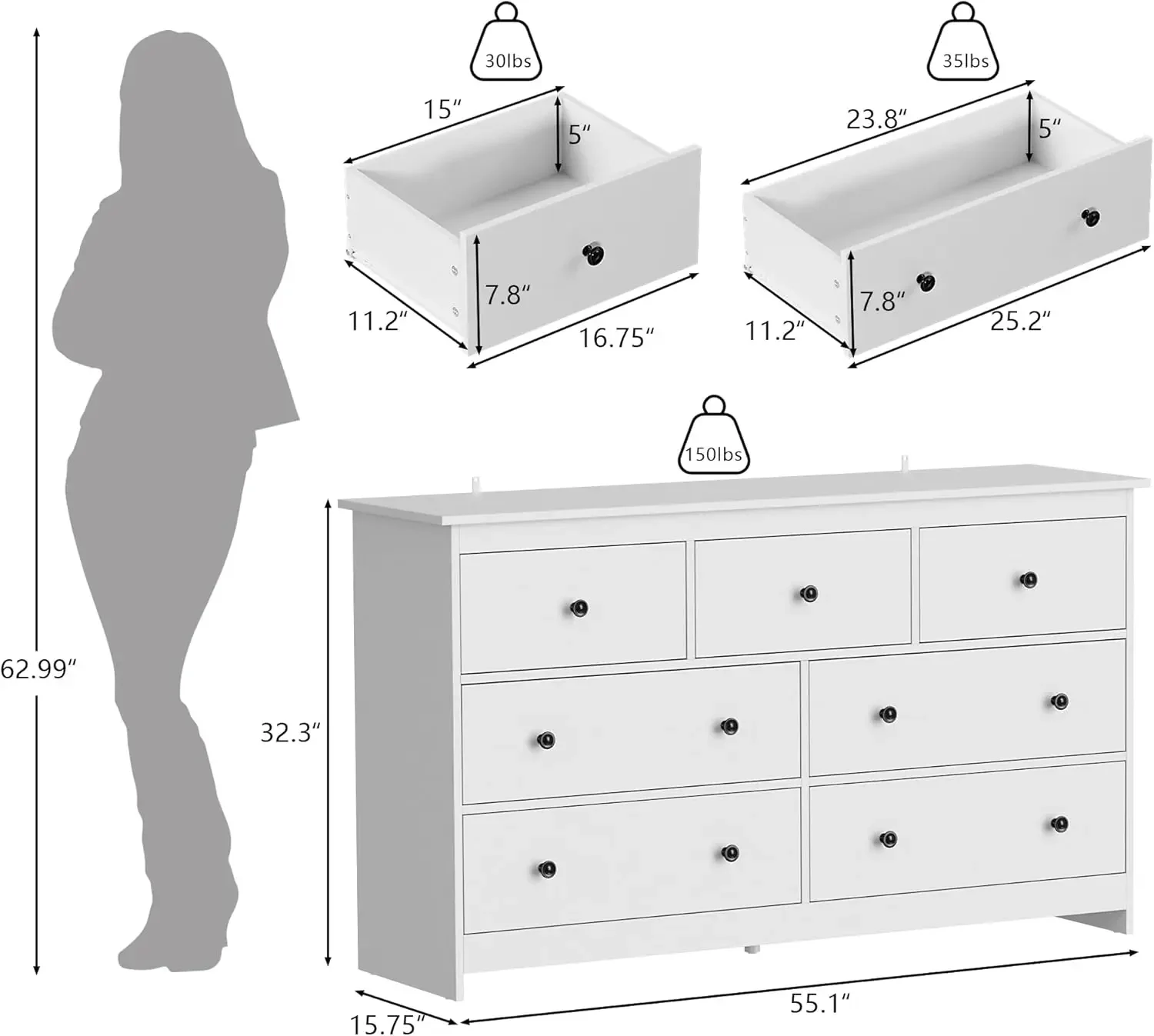 for Bedroom, 7 Deep Drawer Large Wood Dresser with Black Handles, Modern Wide Storage Dressers & Chests of Drawers for Entryway,