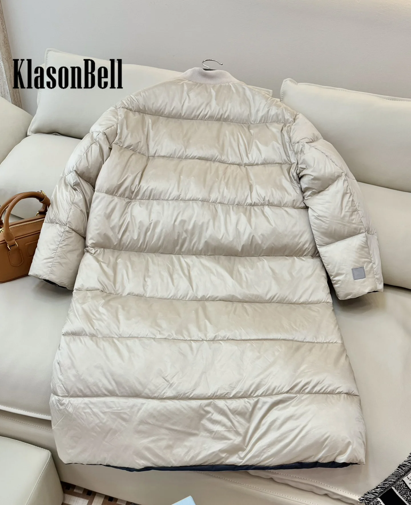 9.5 KlasonBell Women New Solid Loose Long White Goose Down Outerwear Revrsible Wear Double Zipper Keep Warm Lingth Down Jacket