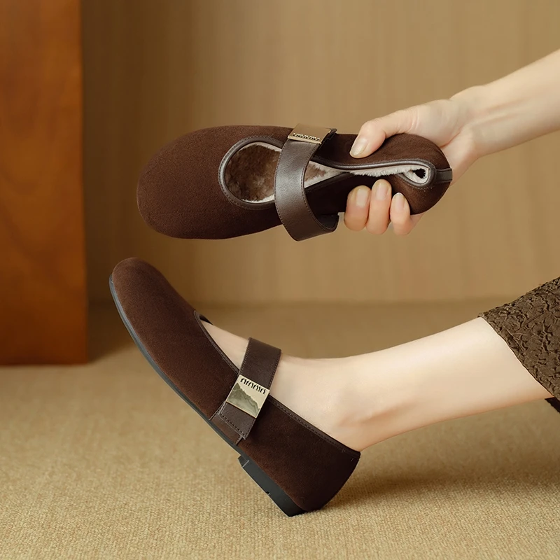 Women's new winter leather sheep suede warm wool metal belt buckle round toe low heeled Mary Jane shoes fashion single shoes