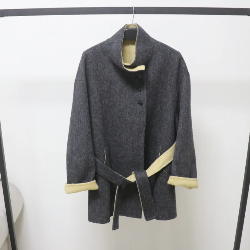 

Women's Autumn Winter Contrast Color Stand Collar Wool Coat Lady Chic Streetwear Long Sleeve Loose Wool Outwear With Sashes