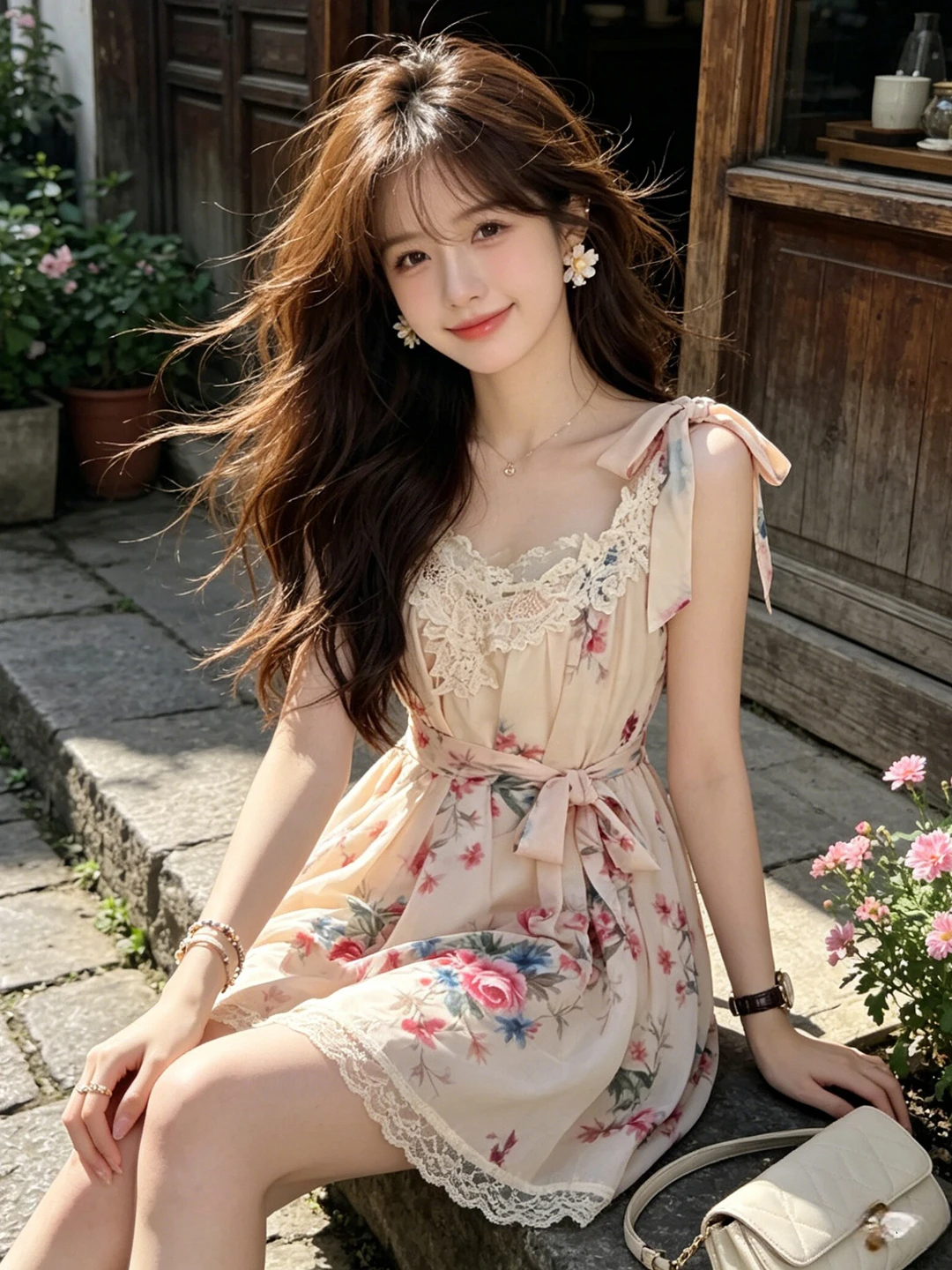 Sweet Gentle Print Halter Dress Slimming A-Line Short Skirt Summer Fashionable Waist-Cinching Women's Cotton Gown