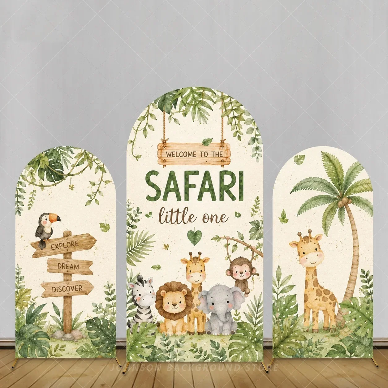 Welcome to the Safari Little One Arch Cover Backdrop Jungle lion wood grass leaf Baby Shower Party Decoration background
