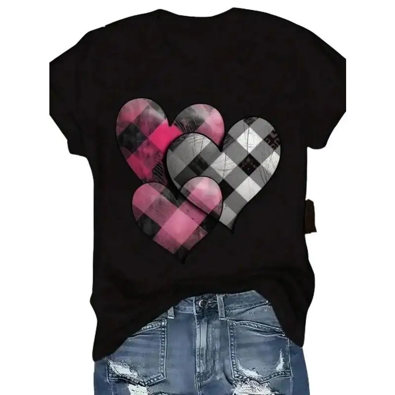 

Pink Plaid Heart T-shirt Women - Valentine's Day Casual Top - Cute & Comfy Graphic Tee - Boho Summer Streetwear