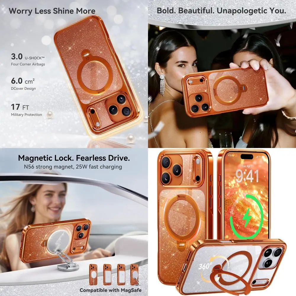 

Pearl Sparkle 360 Spin Magnetic Stand for Glossy iPhone 17 Pro Max Case for Women, Fit for MagSafe, 17FT Drop Protection, Chic D