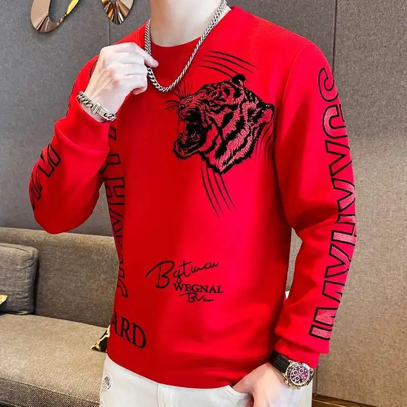 High Quality Homme Diamond Autumn Hot Drill Orange T-Shirts Social Club Outfits T Shirt Men Long Sleeve Pullover Men Clothing