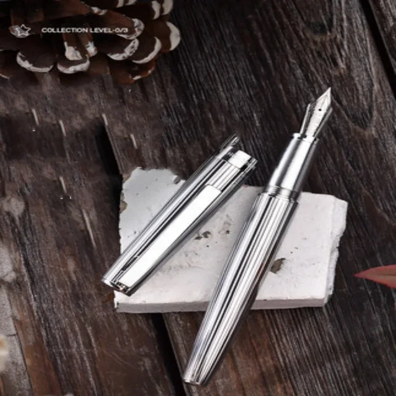 Hongdian 1845 Metal Fountain Pen Sliver Stainless Steel Ink Stripe EF/F Nib Silver/Black Office Business Writing School Supplies