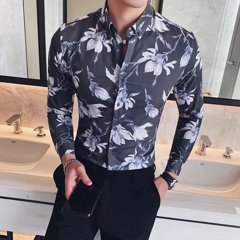 Slim Fit Long Sleeve Men's Shirt Trendy Print Casual White Shirt Spring New Arrival Youth Fashion Plant Floral Patterned